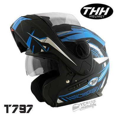_THH T-797 A 可樂帽 可掀式 雙鏡片 內藏 可拆式 駭客 平黑藍 T797A