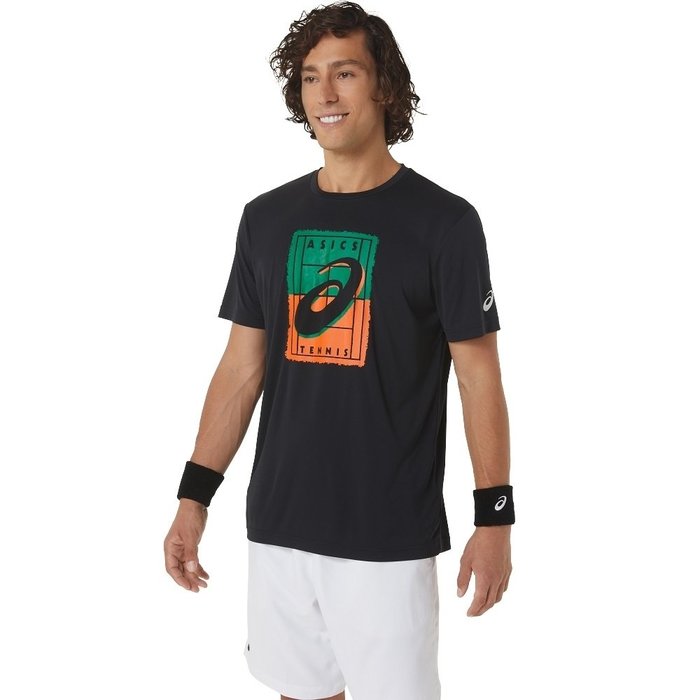 【曼森體育】ASICS 亞瑟士 短袖上衣 男款 網球 上衣 訓練上衣 黑綠橘款