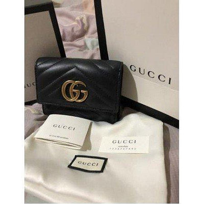 Gucci GG Marmont Wallet 黑色斜紋縫線系列  真皮短夾 474802 全黑
