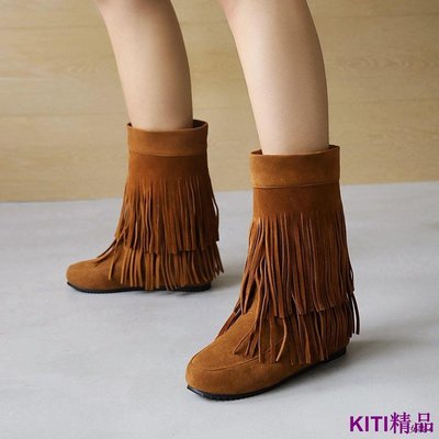 KITI精品潮牌 冬季女鞋 大尺碼磨砂圓頭平跟短靴 女靴 平底中筒流蘇靴 刷毛棉鞋 雪地靴