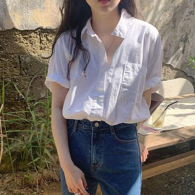 夏季女短袖T恤韓版白色短袖襯衫女夏季新款設計感小眾襯衣寬松慵懶休閑薄款上衣
