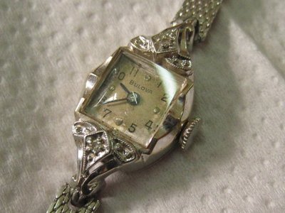 原裝 BULOVA 寶路華 正14K白K金  手上鍊女妝珠寶鑚錶 古董錶