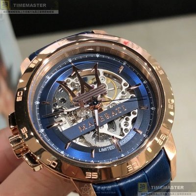 MASERATI手錶,編號R8821119005,46mm玫瑰金圓形精鋼錶殼,寶藍色鏤空, 運動錶面,寶藍真皮皮革錶帶