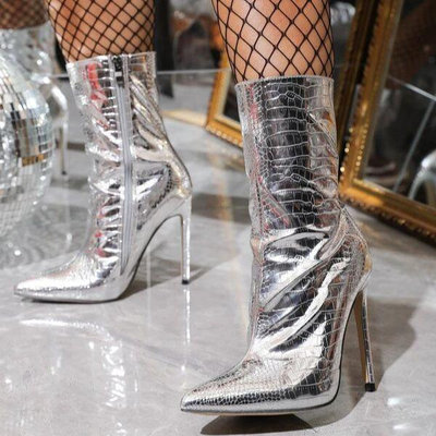 新款高跟鞋 大碼鞋 小碼鞋 新款歐美時尚性感一腳蹬女靴金屬側拉鏈中筒靴短筒靴boots