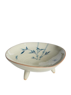 草木灰手繪竹子三足茶點盤中式陶瓷仿古點心盤零食果盤--三姨小屋