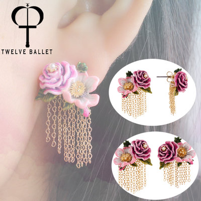 廠家直銷#法國 Les Nereides 琺瑯玫瑰兩朵花流蘇耳環防過敏925銀耳釘耳夾新女飾品