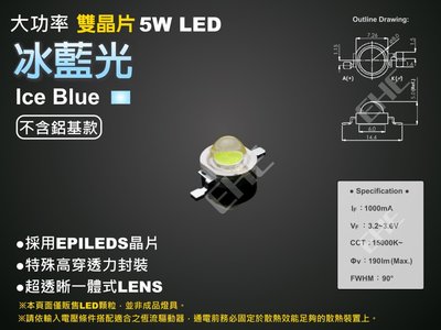 EHE】大功率5W雙晶片 冰藍光LED【不含鋁基板】5H0BI，類湖水藍光。適DIY改裝汽機車日行燈/定位燈等應用