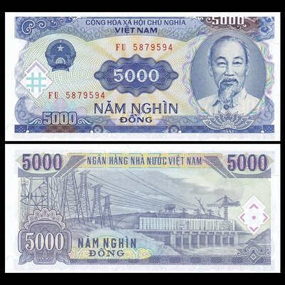 現貨亞洲 特價全新UNC 越南5000盾紙幣 水電站1991(1993)年 P-108可開發票