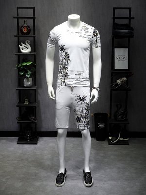 夏季品牌T恤運動服套裝2020新年新款椰風印花萊卡新棉男士短袖短褲套裝 F3019  5870dn