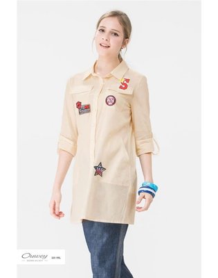 歐薇服飾名品（伊蕾） 米色純棉兩用袖休閒罩衫襯衫長版上衣 雙口袋 背後蕾絲透氣設計