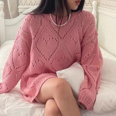 韓🇰🇷東大門🇰🇷甜美糖果色圓領鏤空提花設計寬鬆休閒長袖針織衫毛衣
