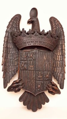 【波賽頓-歐洲古董拍賣】歐洲/西洋古董 法國古董 19世紀 大型老件木雕 老鷹城堡徽章(高度78cm)