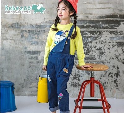✽Spring 春✽韓國Bebezoo女童冰淇淋彩虹刺繡貼布吊帶牛仔褲/背帶褲