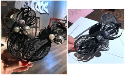 韓國蕾絲蝴蝶結花朵細板髮箍-現貨