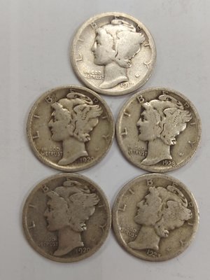 美國(女王頭／墨丘利 1角 ONE DIME)10分銀幣,1917年×1＋1920年×2＋1923年×1＋1928年×1；全部共5枚一起出售，品項狀況如照片所示