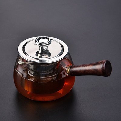 現貨熱銷-側把花梨木玻璃茶壺耐熱花茶壺加厚泡茶器不銹鋼過濾功夫茶具家用