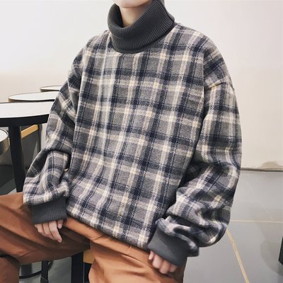 FINDSENSE G6 韓國時尚 復古格紋加厚加絨高領毛衣上衣