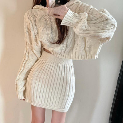 韓版針織套裝 氣質款長袖毛衣 帽T 短版上衣+松束腰包臀裙一套服裝女（滿599元）