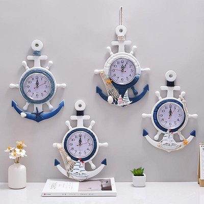 地中海風格藍白船舵舵手船錨創意個性掛鐘鐘表電子表裝飾航海時鐘