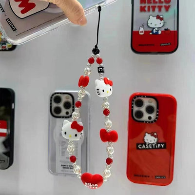 紅色圓珠蝴蝶結 Hello Kitty 手機殼掛繩防丟手機掛繩鏈鑰匙扣