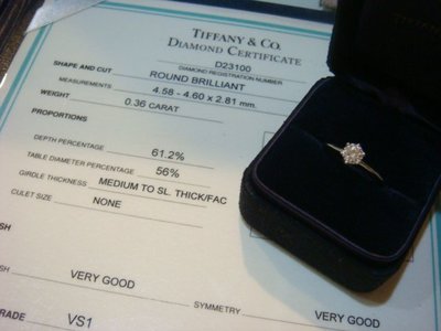 全綱最低價  Tiffany&amp;Co. 蒂芬妮 天然鑽石戒指 0.36ct H/VS1   PT950