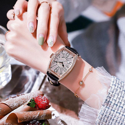 Guou 8200時尚大氣女士手錶個性桶型全鑽大錶盤石英帶手錶女
