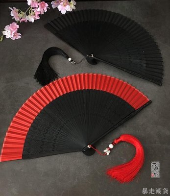 【熱賣精選】 中國風復古風日式和風折扇子雕刻麥穗純色紅色女士舞蹈扇便攜小夏