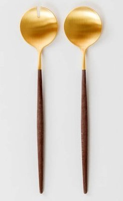 【葡萄牙Cutipol】GOA棕柄霧金色 沙拉叉匙兩件組 29cm 不銹鋼叉匙組 不鏽鋼餐具組 沙拉叉+沙拉匙 葡萄牙製