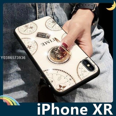 iPhone XR 6.1吋 時光玻璃保護套 電鍍鑲鑽 潮牌TIME 水鑽 指環支架 全包款 手機套 手機殼lif29105