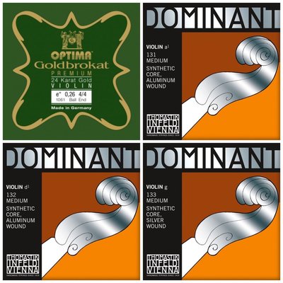 【筌曜樂器】全新 德國製Optima 小提琴弦24K GOLD E金弦+Dominant-A+D+G弦 (一套4弦)