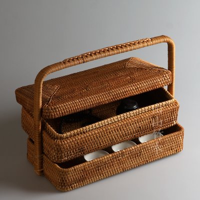 “正品”藤編茶具收納盒食盒 雙層 提籃 純手工便攜旅行茶箱包 茶道茶點盒