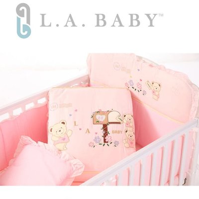[美國L.A.Baby] 熊寶貝七件式純棉寢具-L(藍色/粉色）