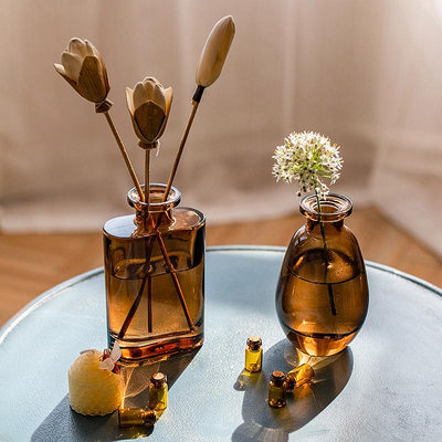 北歐輕奢玻璃瓶茶色花瓶客廳辦公室桌面插花簡約餐桌花器