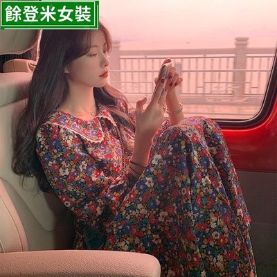 實拍重工碎花洋裝 韓版復古內搭中長款長袖洋裝 早春新款減齡洋氣古著感雪紡洋裝 女生顯瘦收腰洋裝 法式洋裝 甜美長裙~餘登米女裝