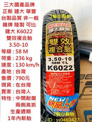 台灣製造 建大 K6022 3.50/10 350/10 高速胎 輪胎