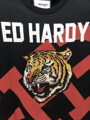 亞軒潮店 潮款現出Ed Hardy 新款紅色LOGO印花燙鉆老虎頭休閑圓領短袖男女同款T恤