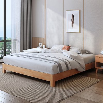 北歐實木床無床頭床齊邊現代簡約實木雙人床日式床架子~特價家用雜貨