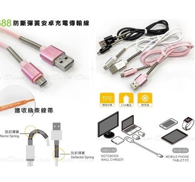 【現貨-只有一條特價出清】全新G88 安卓防斷彈簧充電傳輸線-1M白 適用於安卓Micro USB介面充電及資料傳輸