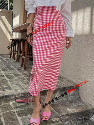韓國chic夏季新款小眾穿搭格紋撞色高腰修身開叉減齡包臀半身裙女-沐雨家居