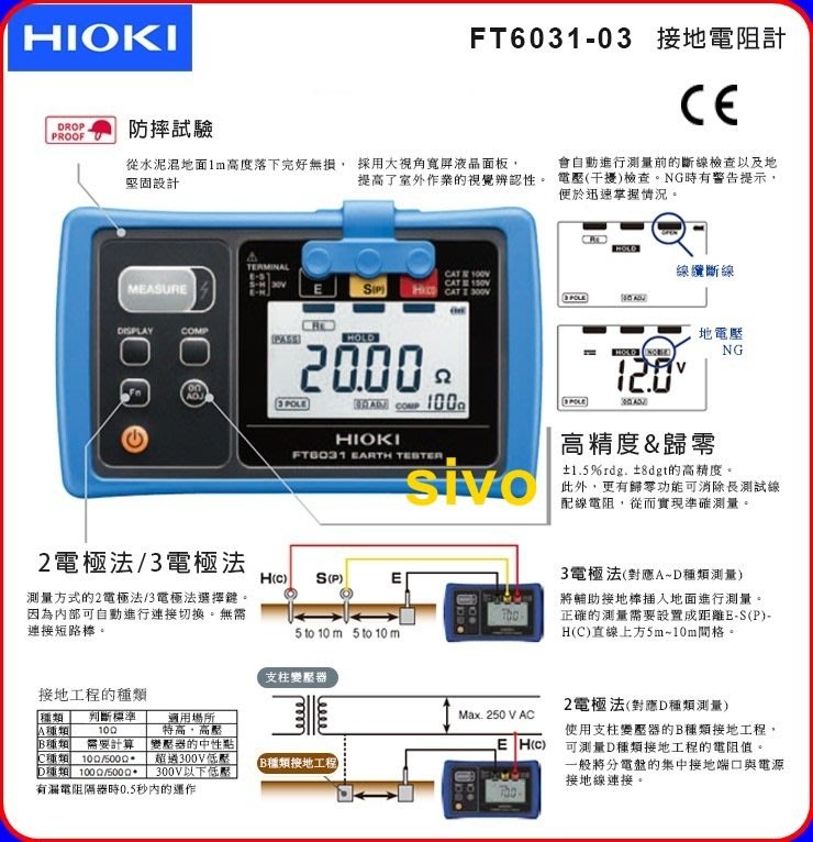 SIVO五金商城 日本HIOKI FT6031-03 接地抵抗計接地測試器自動式