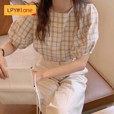 甜美圓領簡約上衣格子襯衫女裝復古泡泡袖寬鬆【LPY#lone】