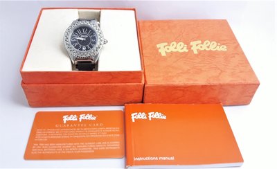 【Jessica潔西卡小舖】時尚設計品牌錶Folli Follie黑面晶鑽陶瓷錶,附原裝錶盒及單