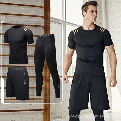 夏季高彈男士瑜伽服戶外男運動健身服跑步訓練三件套快干短袖長褲