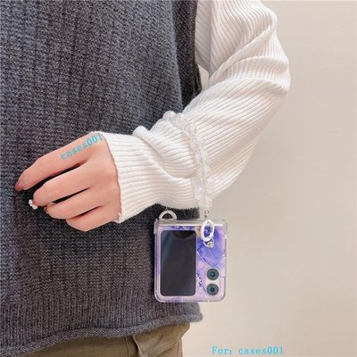 紫色大理石紋OPPO N2 手機殼Flip摺疊Find N2 保護套掛鏈適用OPPO 硬日韓系手機保護殼防摔殼手機套