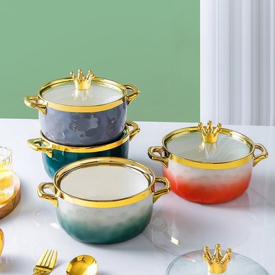 熱銷 ||新品上市|| ins風餐具ins日式簡約陶瓷碗家用創意素色漸變帶蓋雙耳湯鍋沙拉碗泡麵碗-