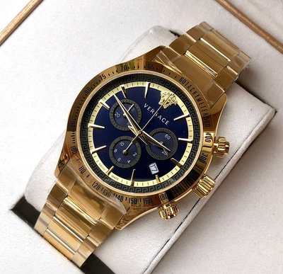 VERSACE Chrono Classic 藍色面錶盤 金色不鏽鋼錶帶 石英 三眼計時 男士手錶 VEV700619