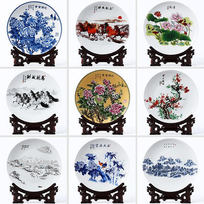 創意擺件 掛盤陶瓷瓷器裝飾坐盤現代中式玄關粉彩貼花工HH051