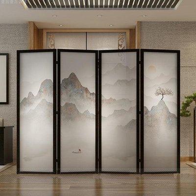 屏風新中式山水隔斷客廳房間簡約現代時尚實木折疊移動折屏屏風-促銷 正品 現貨