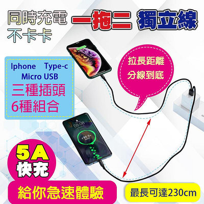 【一拖二獨立線】5A 快充線 Type-C Iphone蘋果 micro-USb 一拖二充電線 安卓 充電線 手機