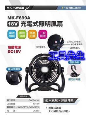 含稅／MK-F699A／單主機【工具先生】MK-POWER 11吋 18V 充電式 風扇 電風扇 適用牧田18v電池系列